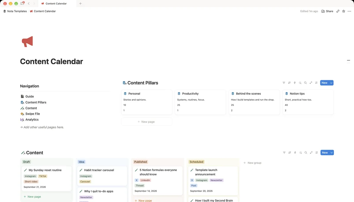 Content Calendar Notion template preview