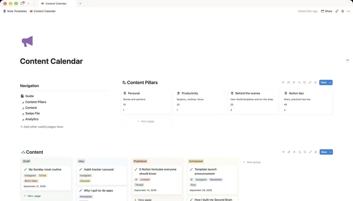 Content Calendar Notion template