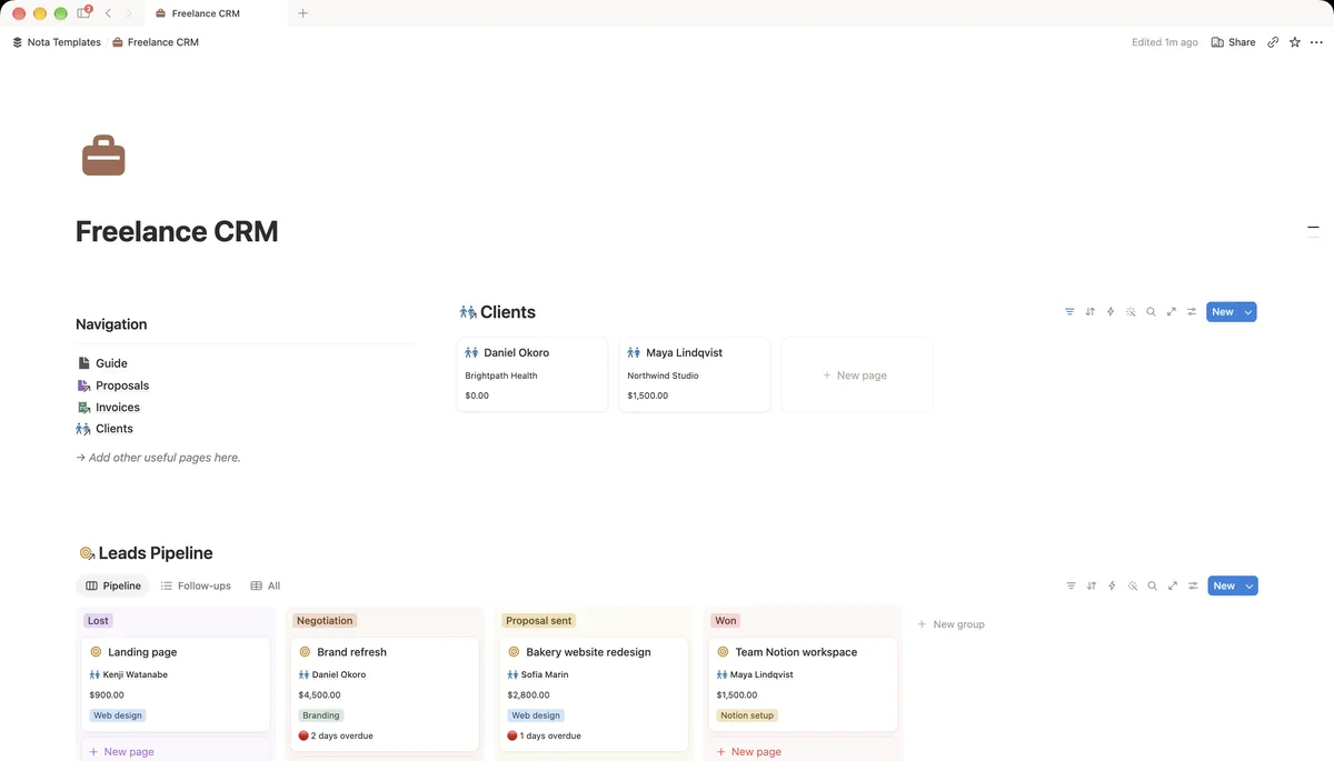Freelance CRM Notion template preview