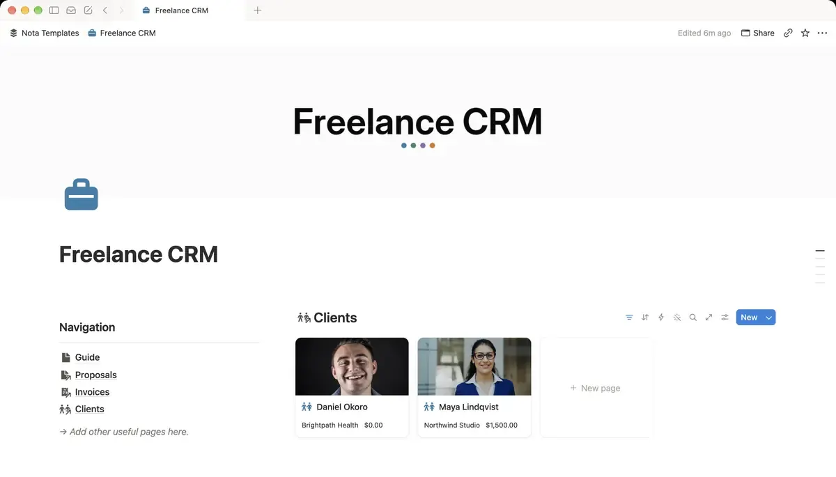 Freelance CRM Notion template preview