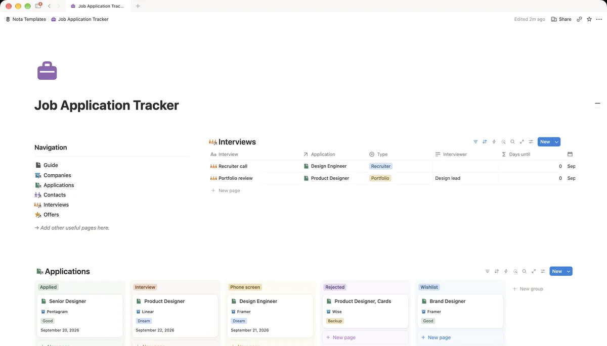 Job Application Tracker Notion template preview