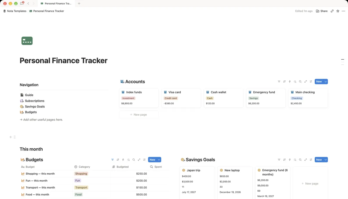 Personal Finance Tracker Notion template preview