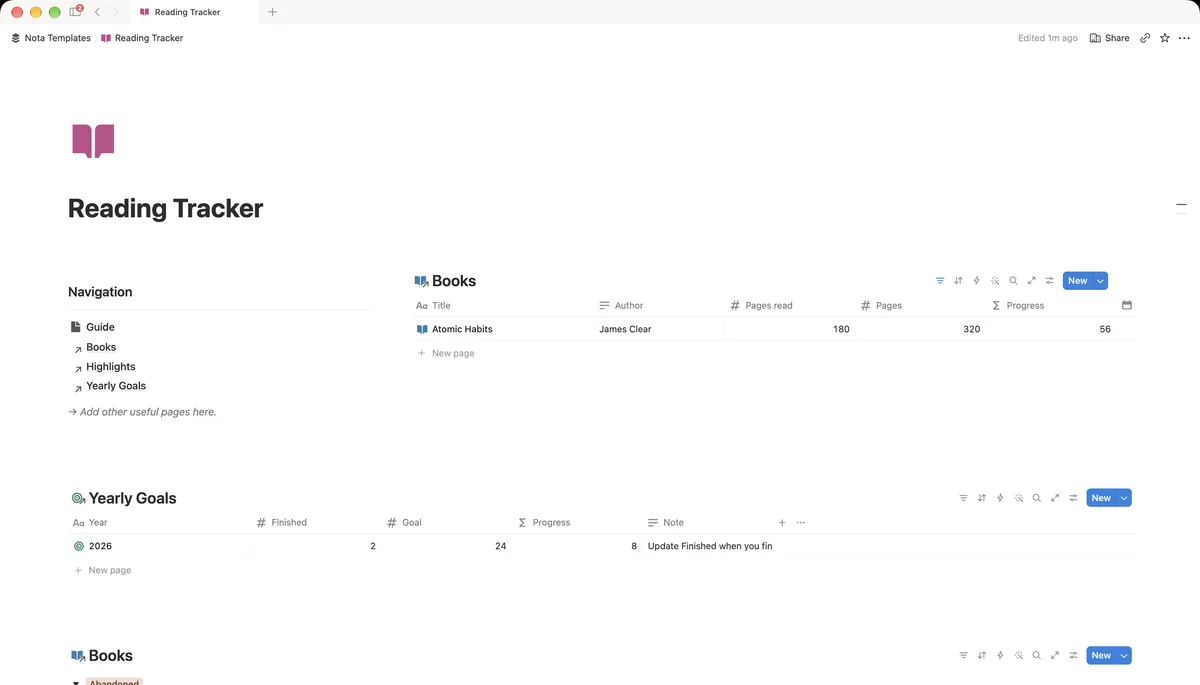 Reading Tracker Notion template dashboard
