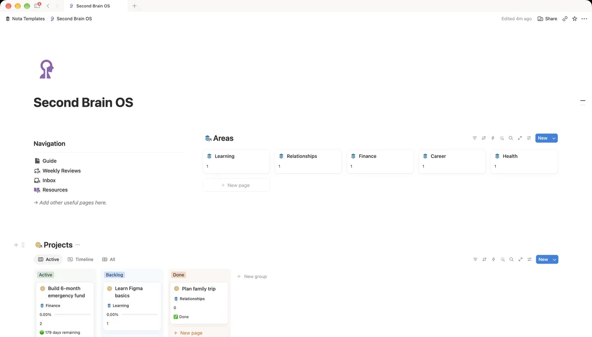 Second Brain OS Notion template dashboard