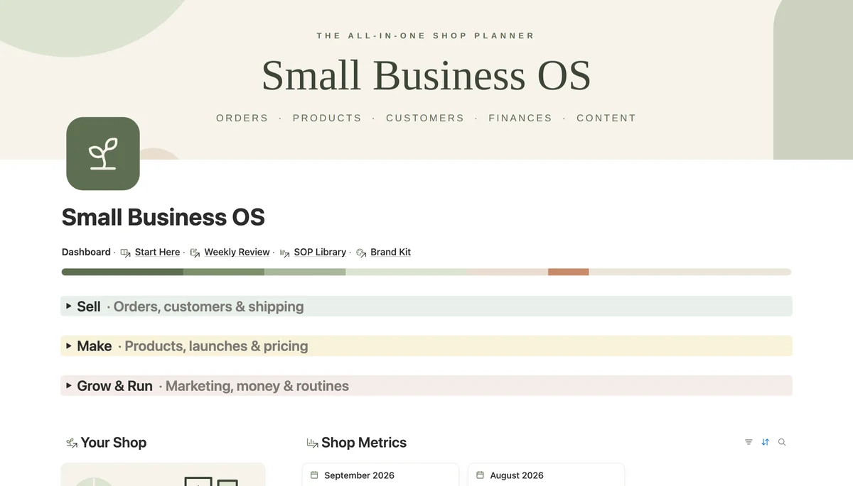 Small Business OS Notion template dashboard