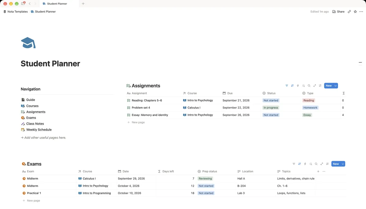Student Planner Notion template dashboard