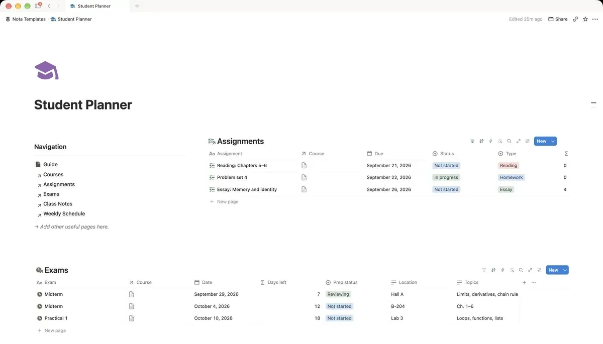 Student Planner Notion template
