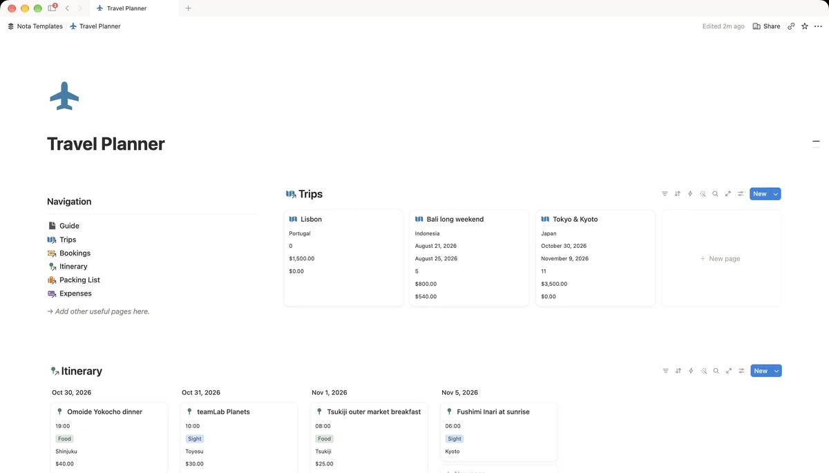 Travel Planner Notion template preview