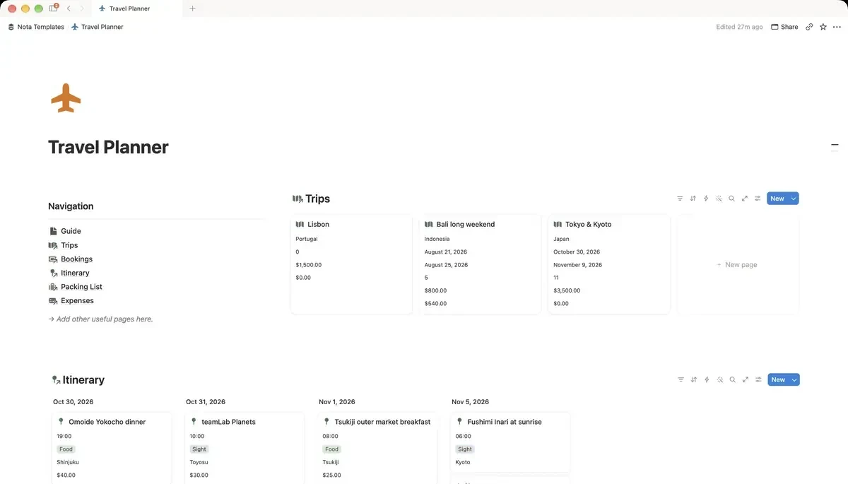 Travel Planner Notion template